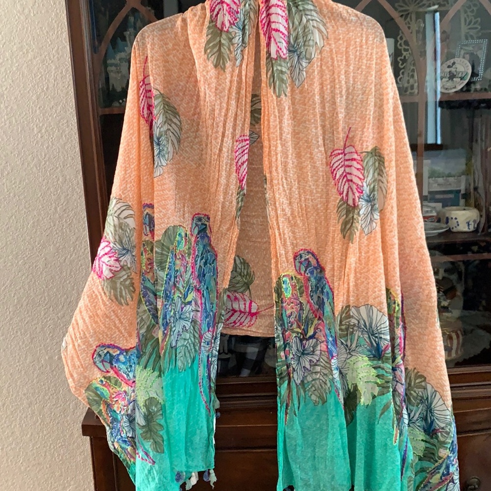 Scarf embroidered tassels tropical